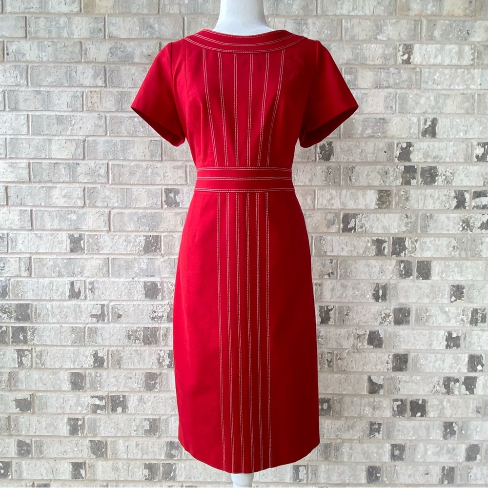 NWT Boden Red Sheath Dress in Textured Cotton with White Stithed Accents